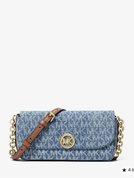 Michael Kors Handbags - Michael Kors small Nolita logo Denim MK Logo Crossbody with Brown Leather Strap